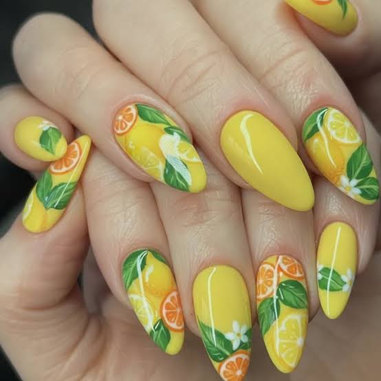 Detailed Fruit Slice Stiletto Art — Yellow Nails