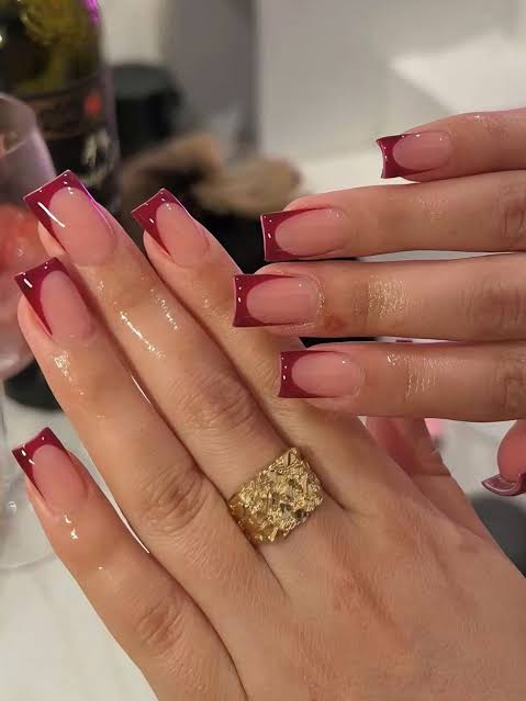 Both Hands Close-Up Visual Idea — Red French Tip Nails
