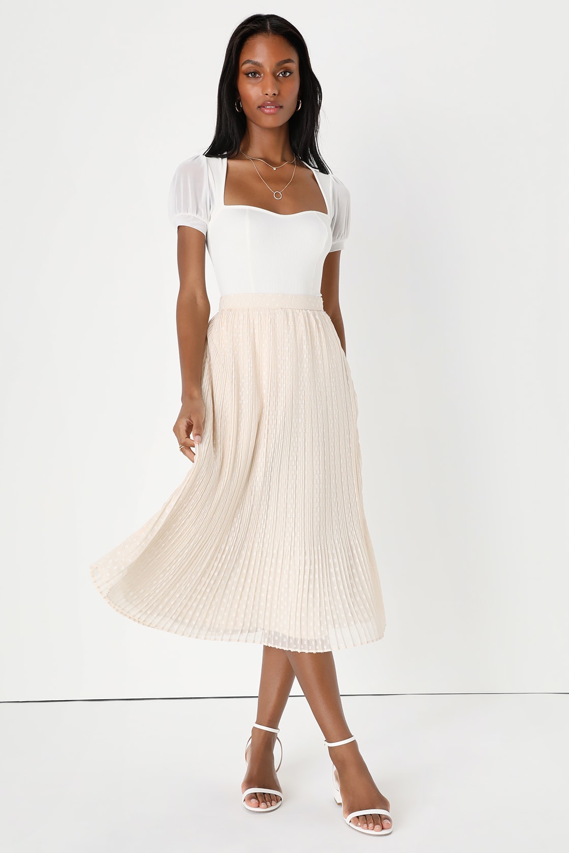 Sweetheart Neckline Top with Metallic Pleated Midi Skirt Sweetheart Neckline Top with Metallic Pleated Midi Skirt — Balletcore Outfits