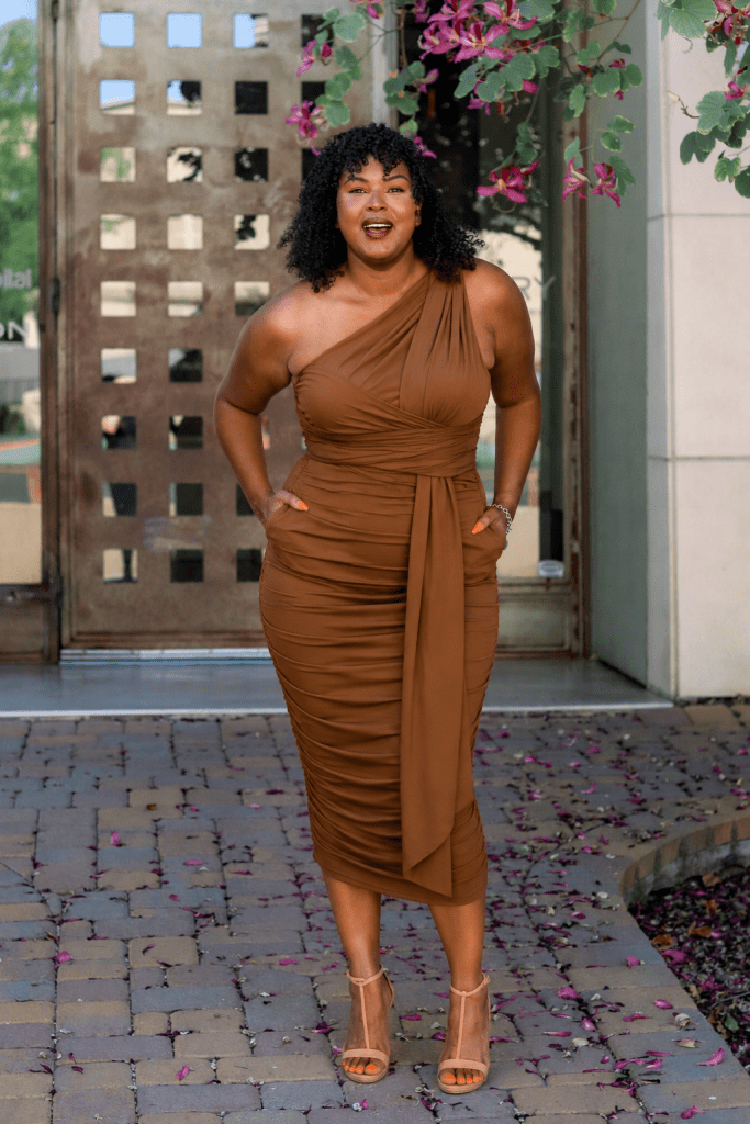 Brown One-Shoulder Ruched Midi Dress with Draped Detail — Date Night Outfits