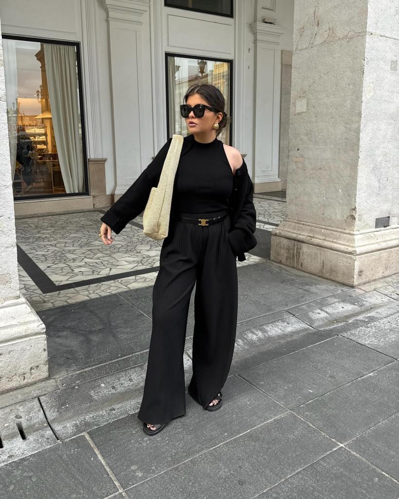 Monochromatic Black Wide-Leg Pants and Cardigan — Midsize Outfits