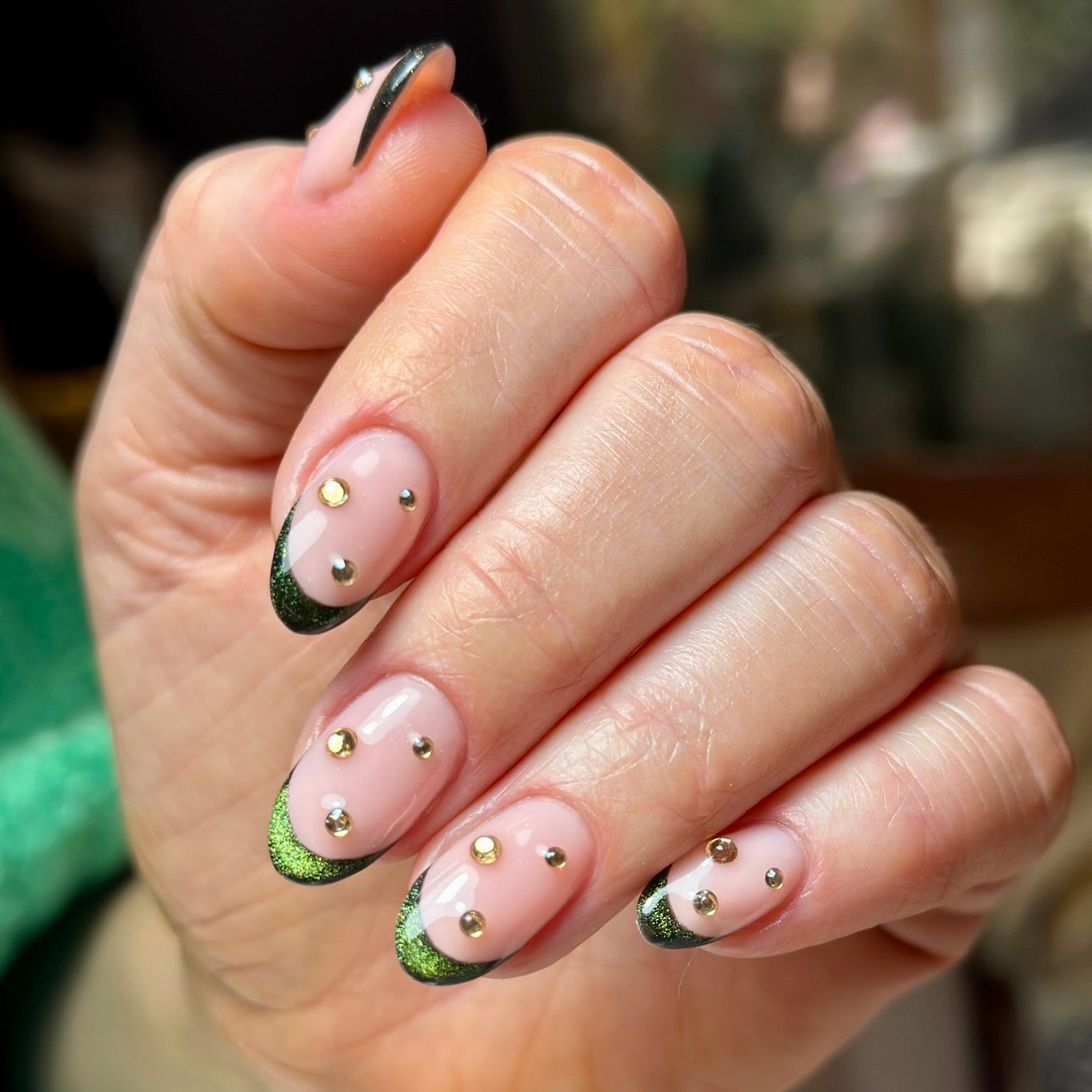 Green Glitter French Tips with Gold Studs — Builder Gel Nails