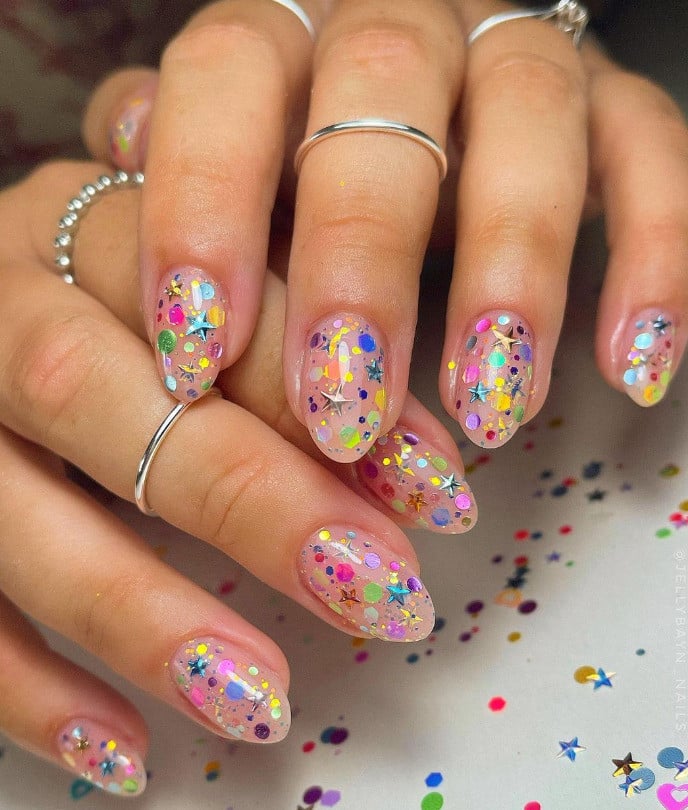 Short Oval Embedded Confetti Star Nails Short Oval Embedded Confetti Star Nails — Birthday Nails