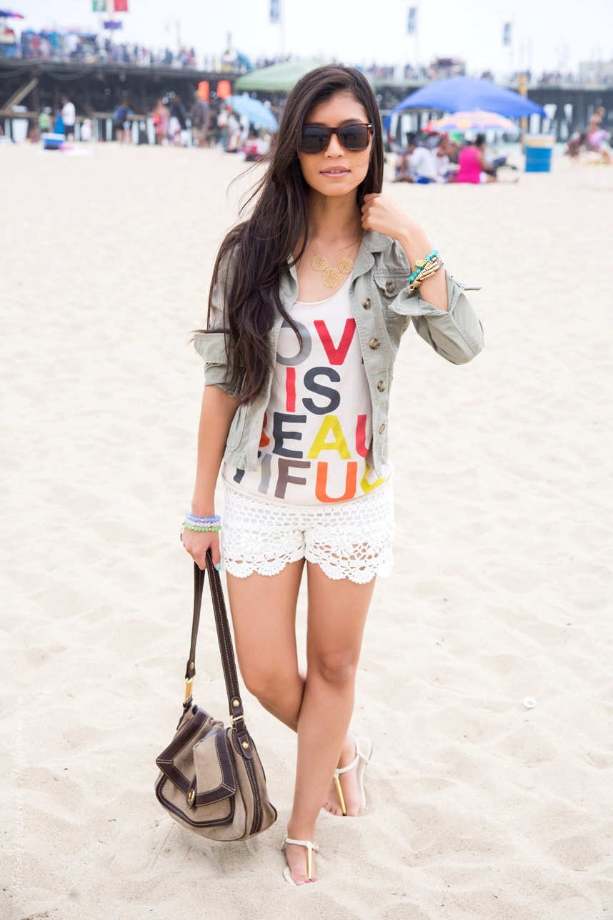 Olive Green Jacket Over Graphic Tank and Lace Shorts — Beach Outfits