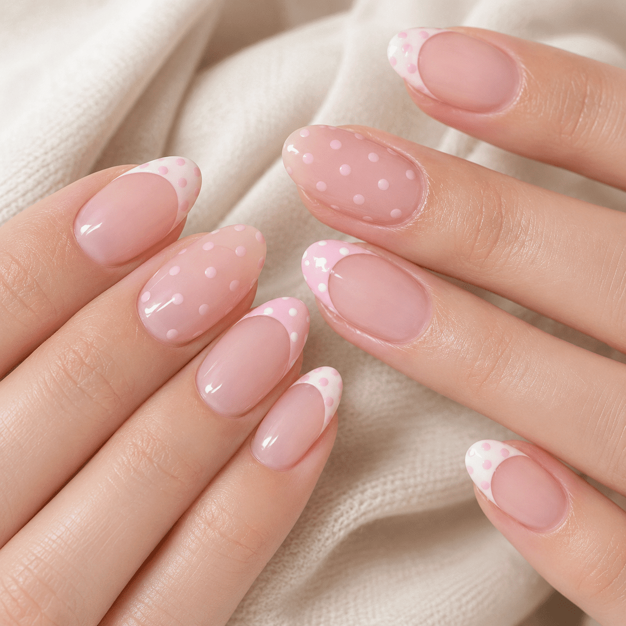 Pink Polka Dot French Tips Pink Polka Dot French Tips — Short Almond Nails