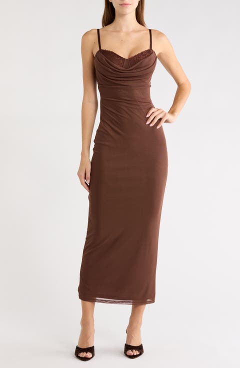 Brown Cowl Neck Midi Dress with Lace Trim Brown Cowl Neck Midi Dress with Lace Trim — Going Out Outfits