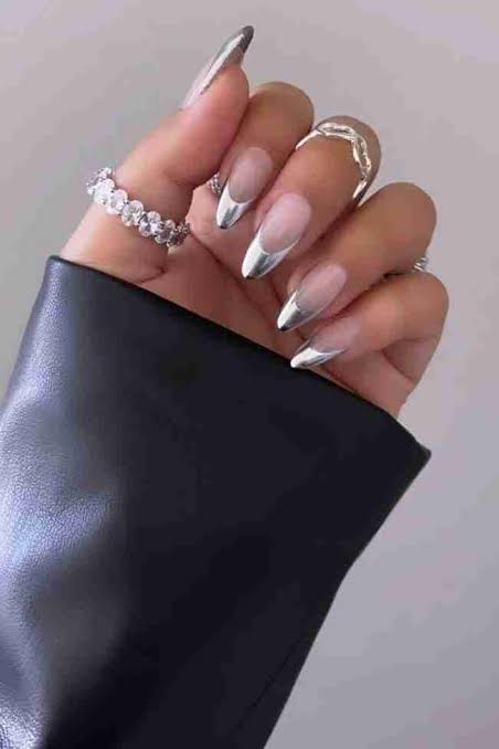 Sharp Silver Chrome French Almonds — Chrome French Tip Nails