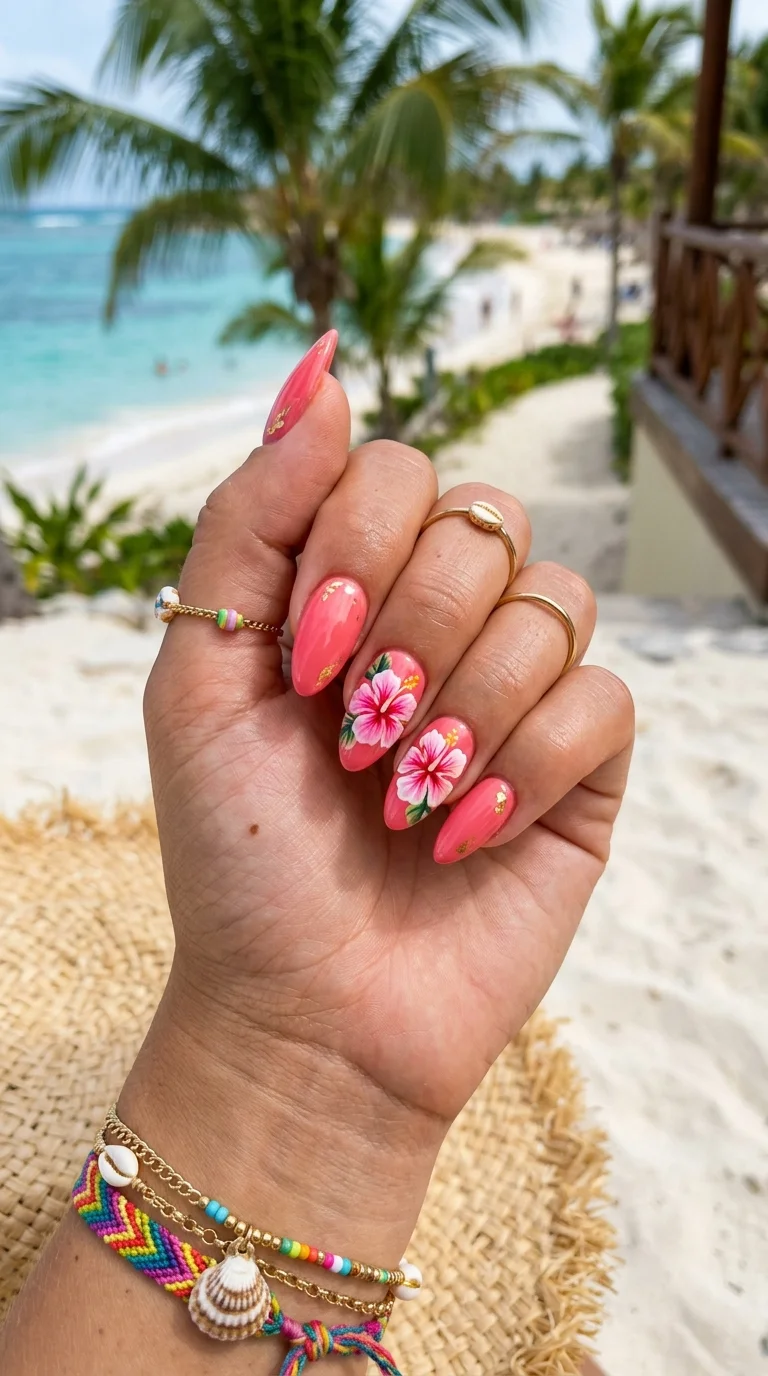 Hibiscus Flowers And Gold Leaf Accents Visual Idea Hibiscus Flowers And Gold Leaf Accents Visual Idea — Tropical Nails