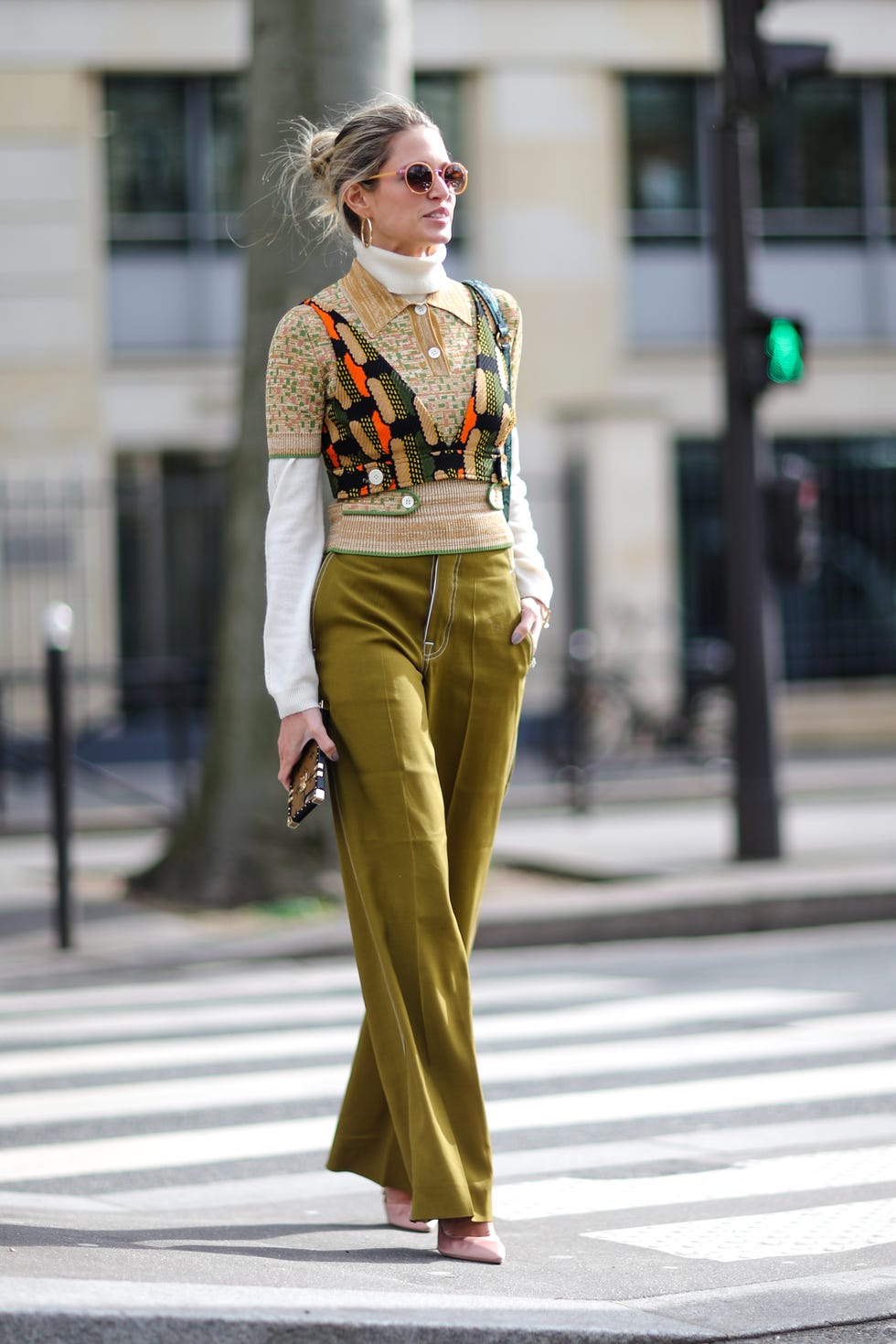 Turtleneck Under Patterned Cropped Top with Wide-Leg Trousers Turtleneck Under Patterned Cropped Top with Wide-Leg Trousers — Layering Outfits