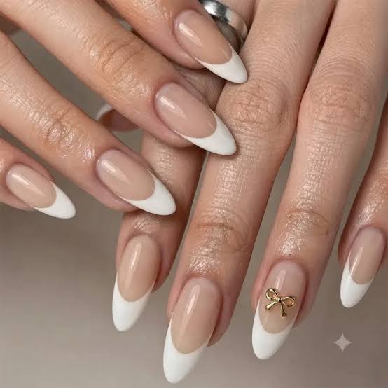 Gold Bow Charm Nude French Nails Gold Bow Charm Nude French Nails — Bow Nails