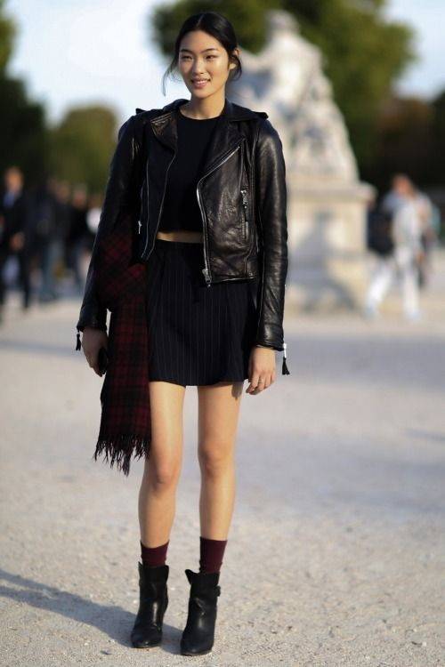 Punk Layers: Moto Jacket, Crop Top, and Pinstripe Skirt Punk Layers: Moto Jacket, Crop Top, and Pinstripe Skirt — Punk Outfits