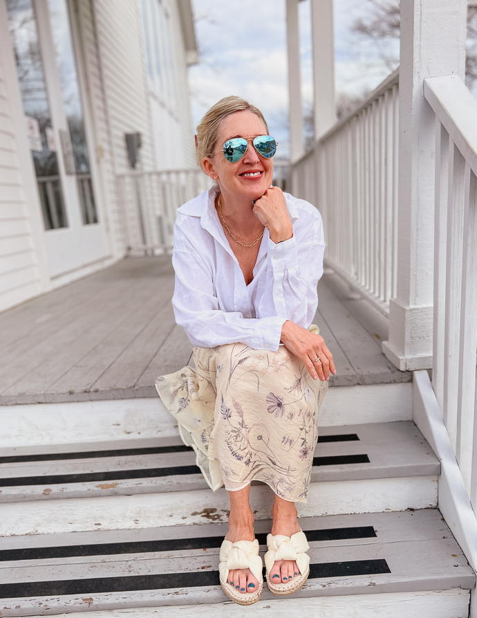 White Shirt over Floral Midi Skirt White Shirt over Floral Midi Skirt — Coastal Grandmother Outfits