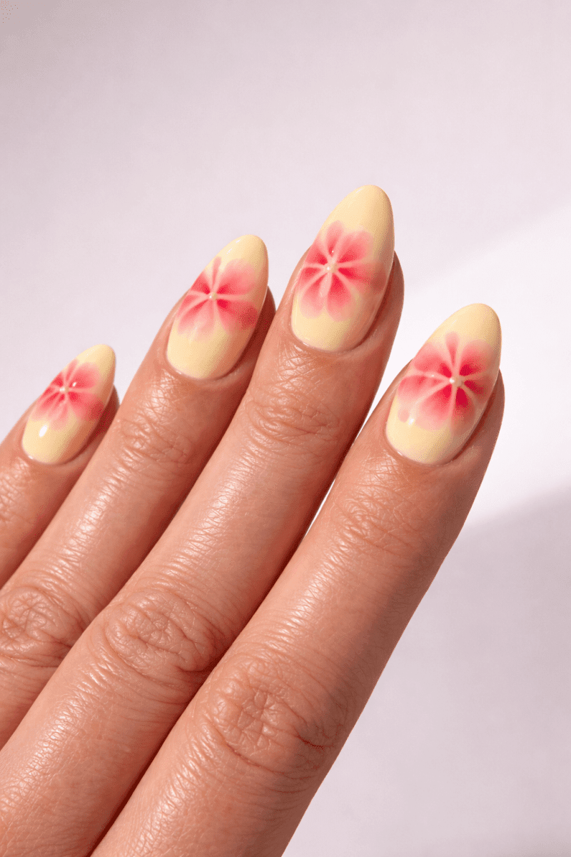Pale Yellow Floral Blooming Gel Almond Nails Pale Yellow Floral Blooming Gel Almond Nails — Blooming Gel Nails