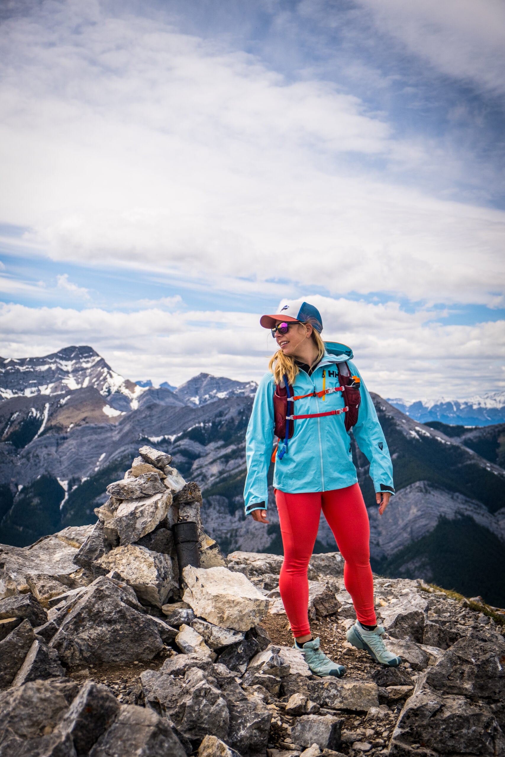 Bright Blue Windbreaker and Red Leggings — Hiking Outfits