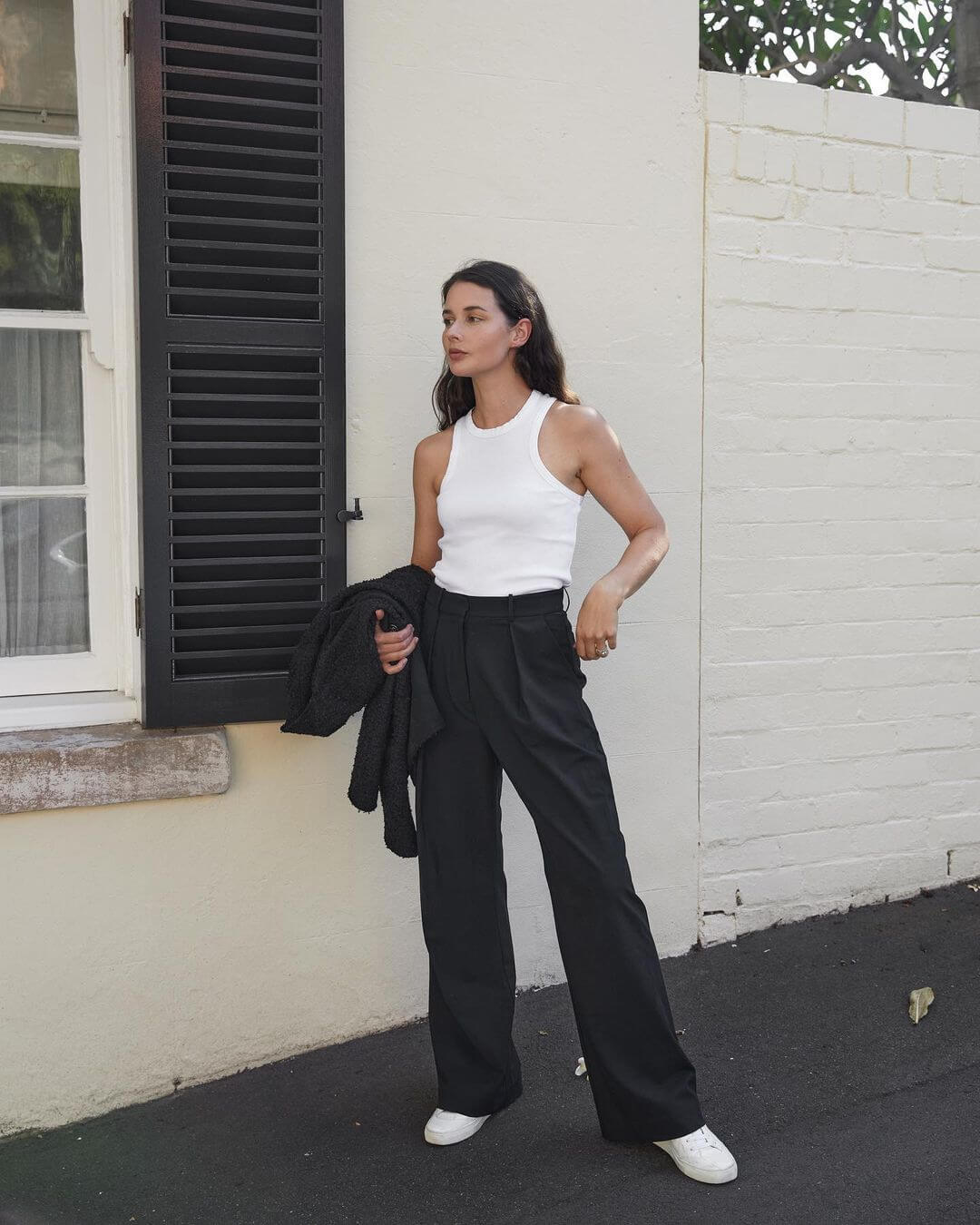 White Tank Top with Wide-Leg Black Trousers and Grey Jacket — Minimalist Outfits