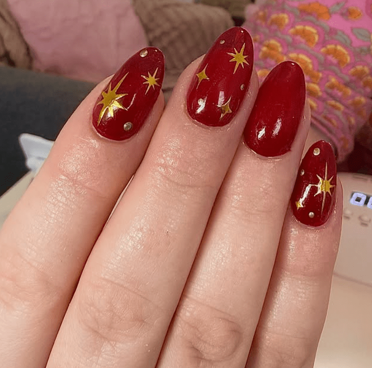 Deep Red With Gold Star Decals — Red Nails