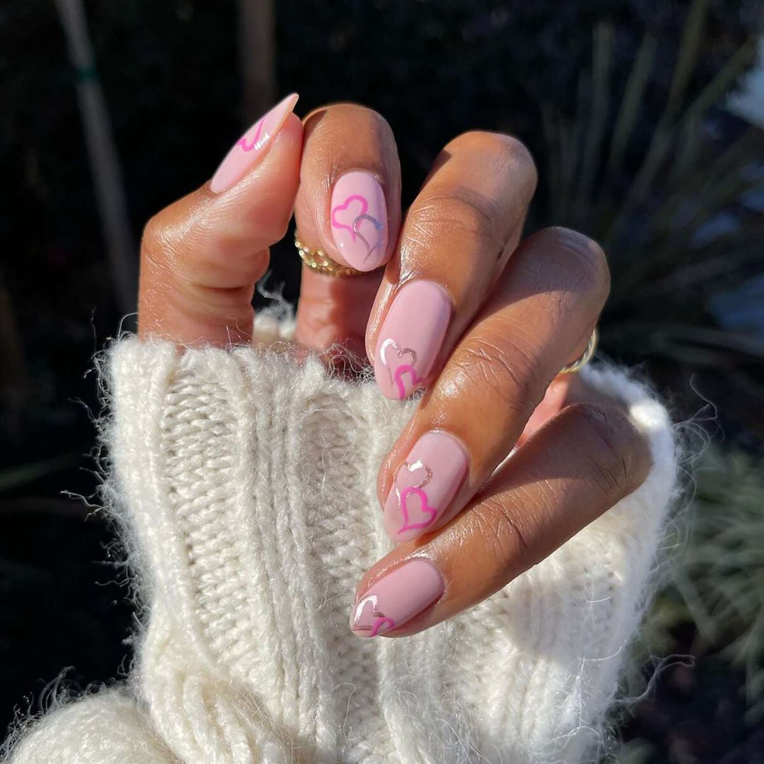 Pink and Silver Heart Medium Almond Nails — Light Pink Nails