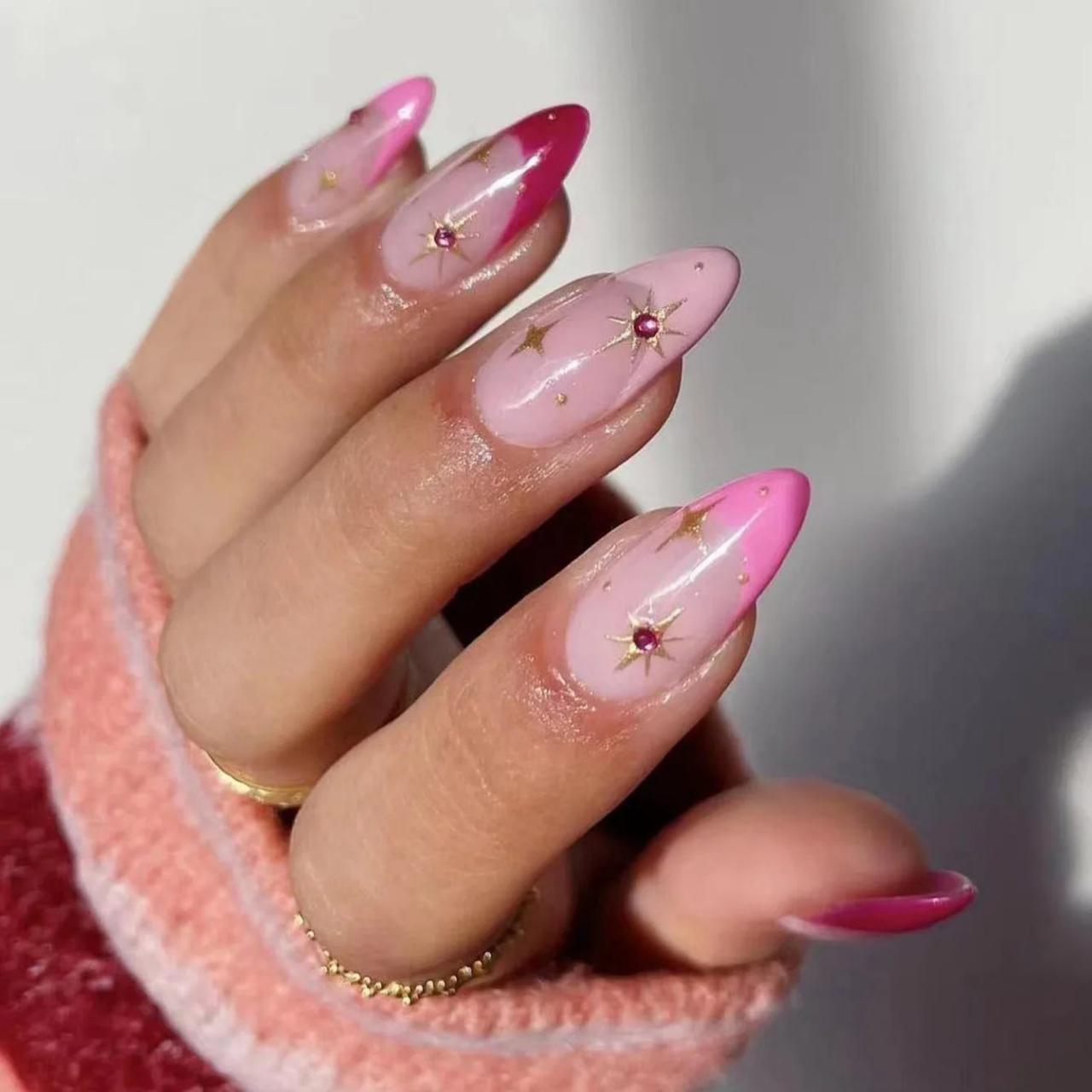 Glossy Sheer Pink French Star Rhinestone Nails Glossy Sheer Pink French Star Rhinestone Nails — Star Nails