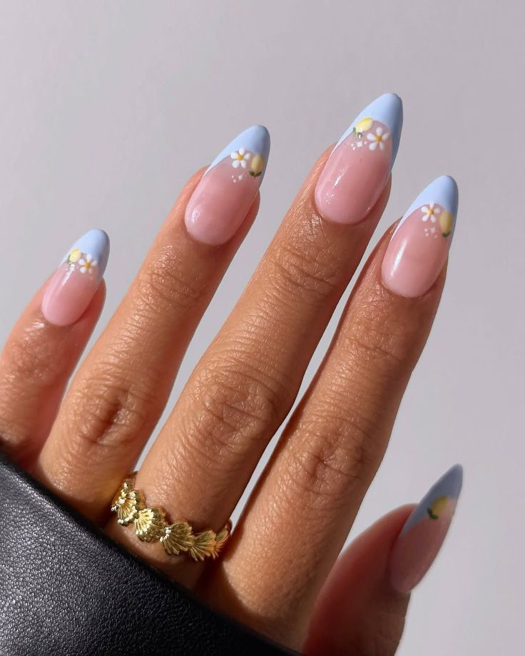 Light Blue French Nails with Floral and Fruit Art — Blue French Tip Nails