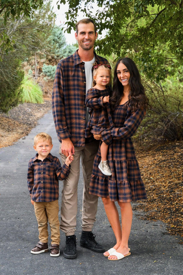 Autumnal Warmth: Navy and Rust Plaid Flannel Family Outfits Autumnal Warmth: Navy and Rust Plaid Flannel Family Outfits — Family Photo Outfits