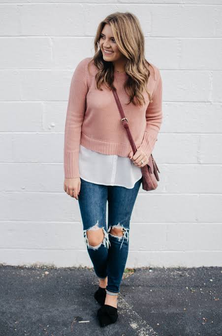 Crewneck Sweater Over Collared Shirt with Ripped Jeans Crewneck Sweater Over Collared Shirt with Ripped Jeans — Layering Outfits