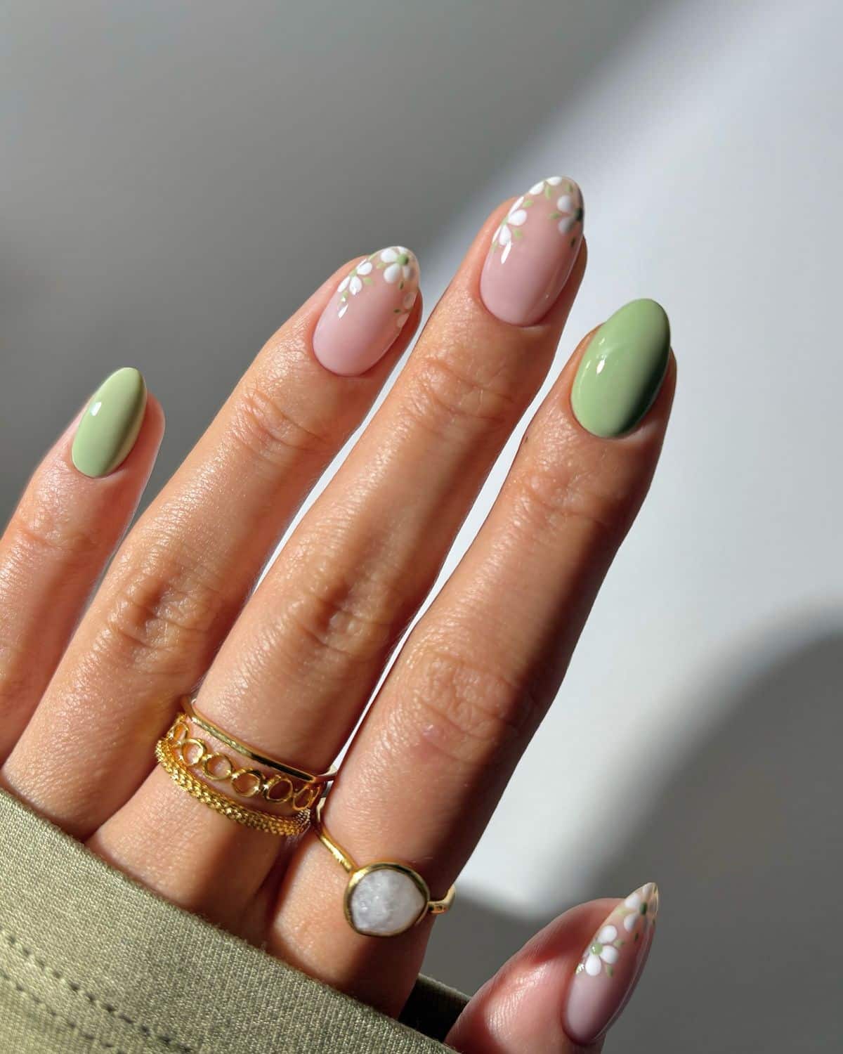 Soft Pink with Sage Green Floral Accents Soft Pink with Sage Green Floral Accents — Cute Nails