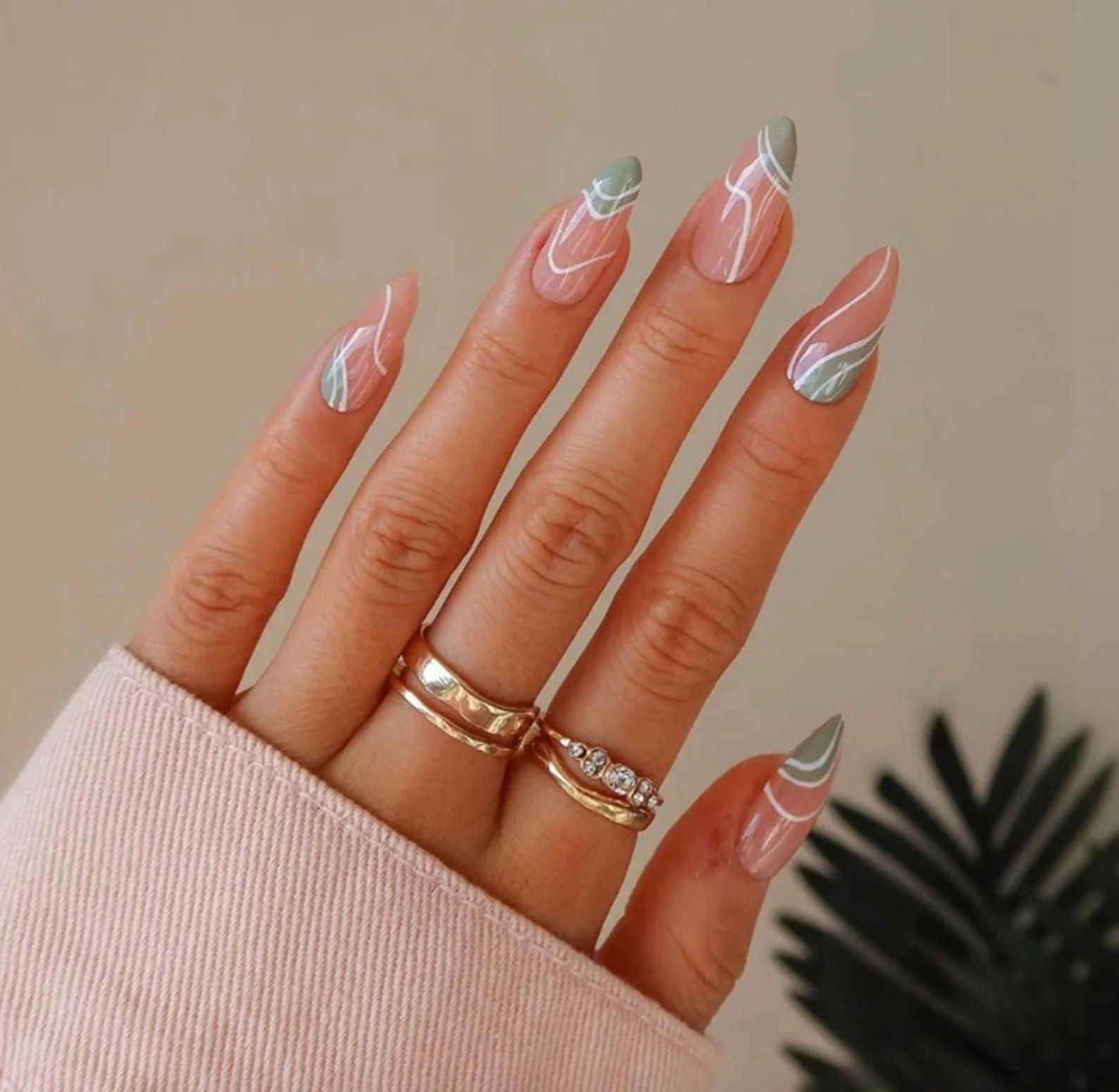 Glossy Abstract Lines Sage Green Accents Glossy Abstract Lines Sage Green Accents — Sage Green Nails