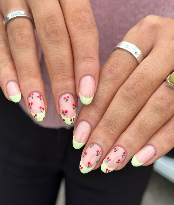 Pastel Yellow French Tips with Cherry Pattern Pastel Yellow French Tips with Cherry Pattern — Colored French Tip Nails