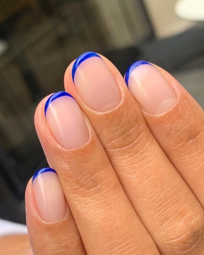 Bold Blue French Tip — Short Oval Nails