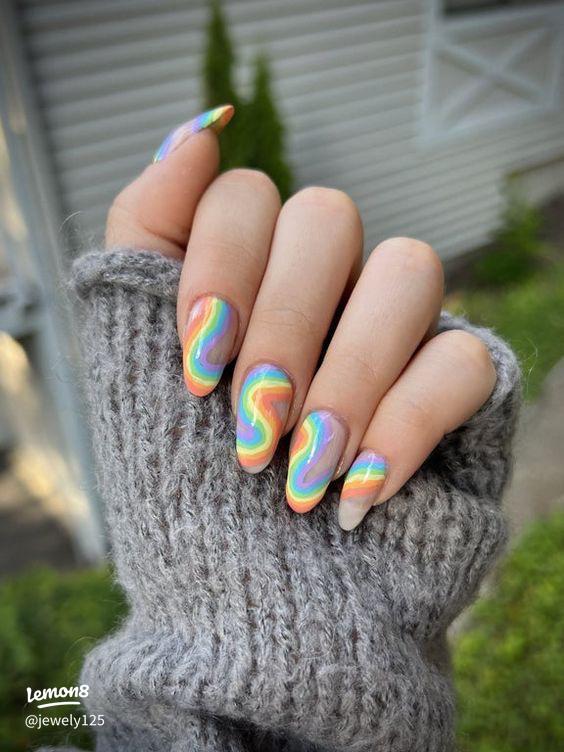 Swirled Pastel Rainbow Oval Nails — Rainbow Nails