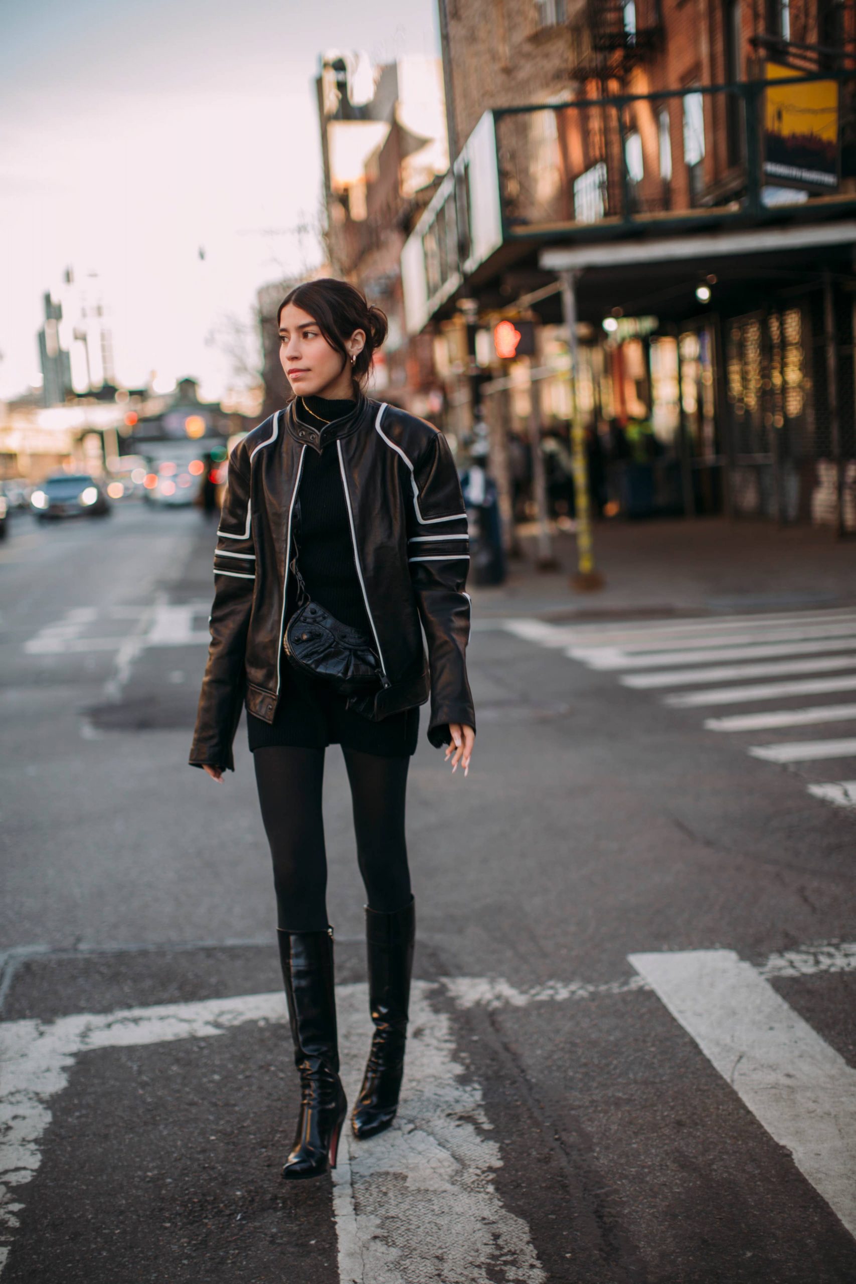 Moto Jacket with White Piping for Edgy City Style — New York Outfits