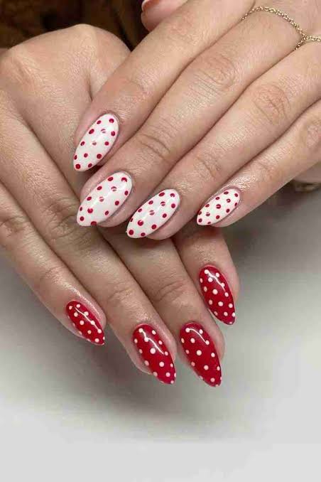 Classic Red and White Polka Dot Nails — Nails for Women Over 60