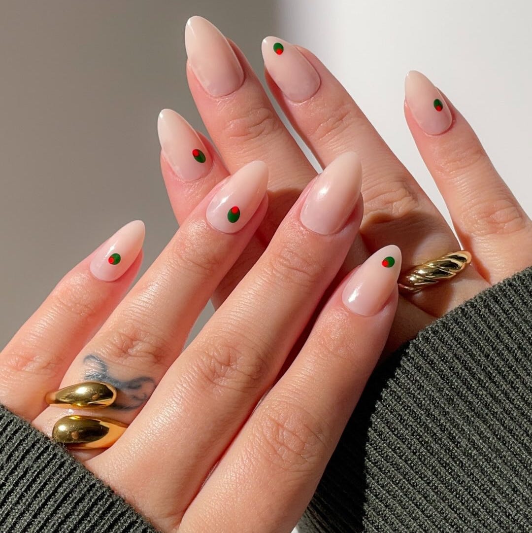 Sheer Pink Almonds with Red and Green Dots — Minimalist Nails