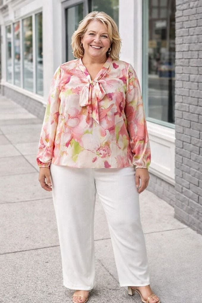 Elegant Daytime Event: Floral Pussy-Bow Blouse with Wide-Leg Pants Elegant Daytime Event: Floral Pussy-Bow Blouse with Wide-Leg Pants — Outfits for Women Over 60