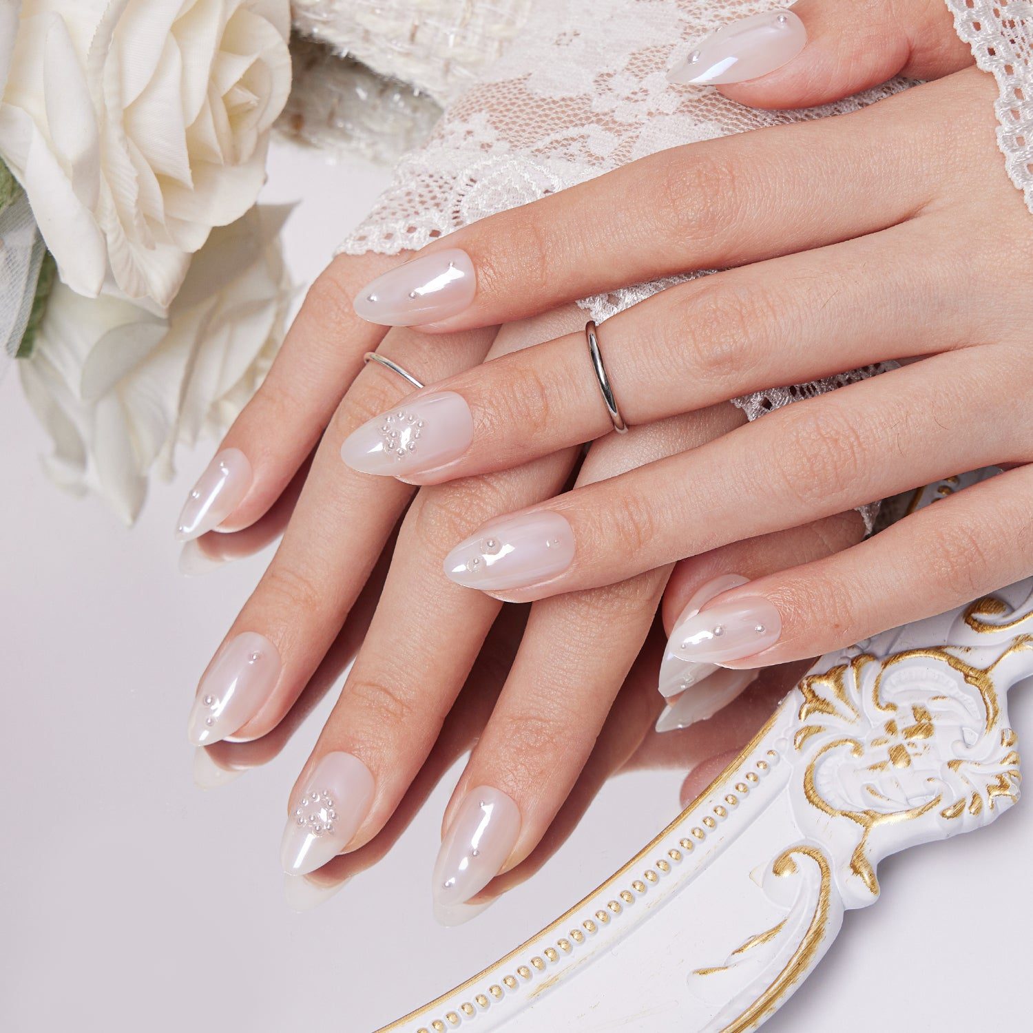 Milky White Shimmer with Pearls & Rhinestones — Bridesmaid Nails