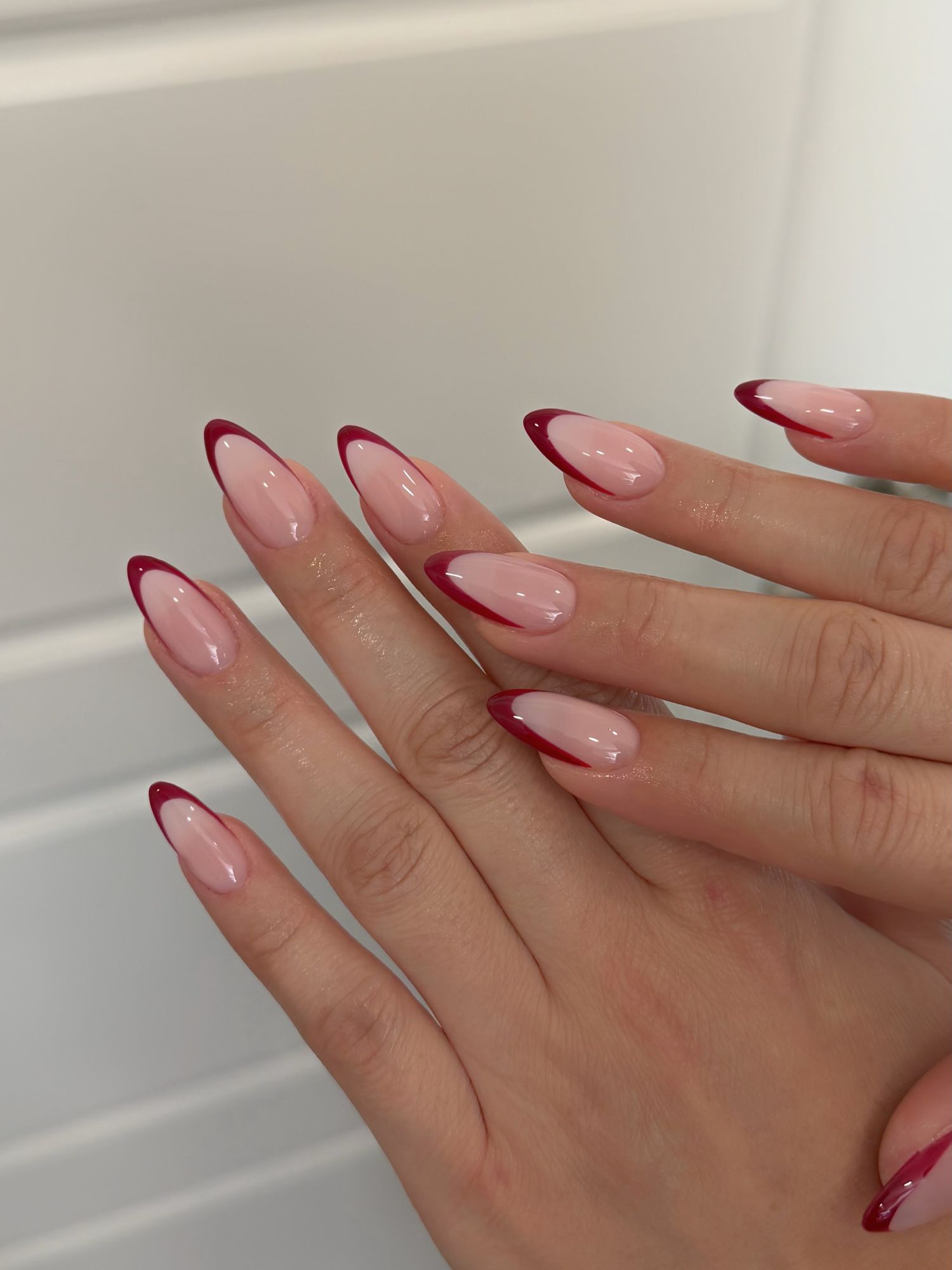 Deep Red Almond French Tip Nails