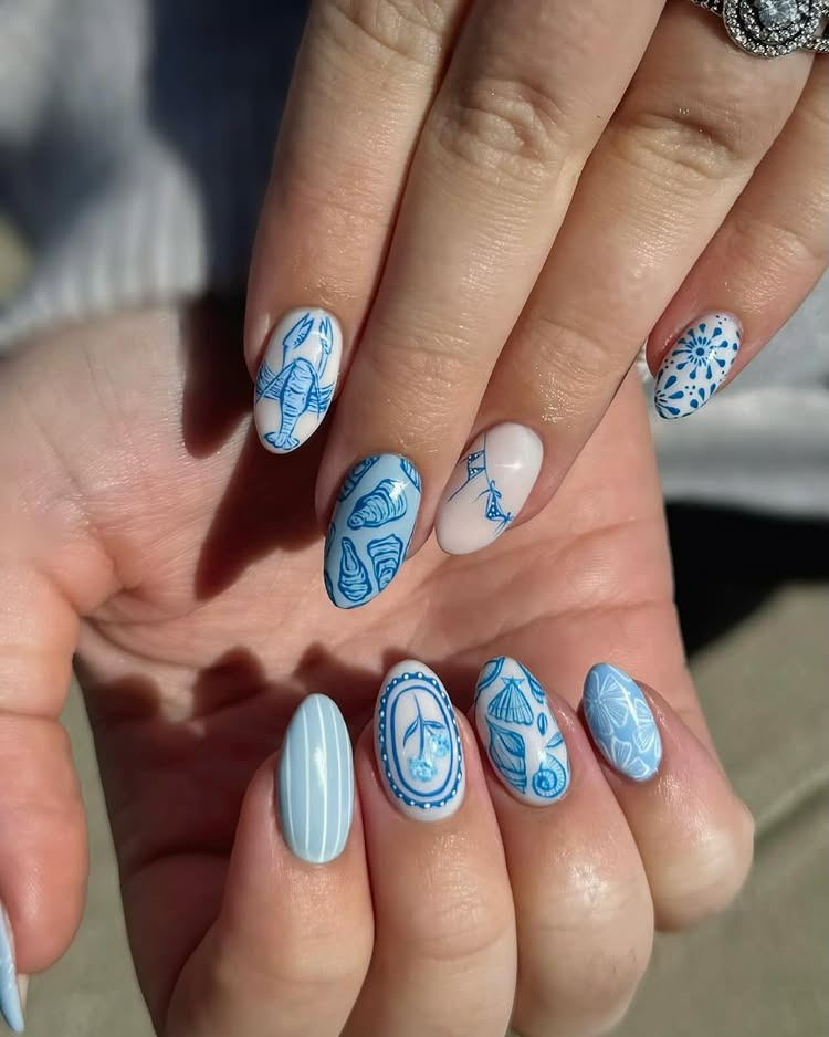 Nautical Blue Line Art Oval — Vacation Nails