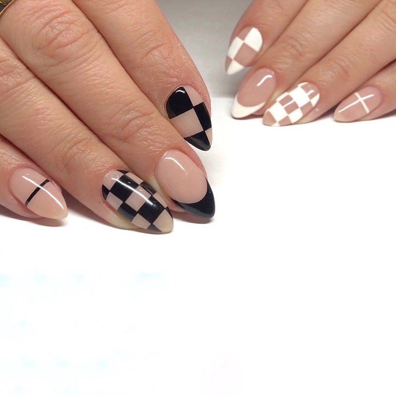Checkerboard French Tip Mix Medium Almonds Checkerboard French Tip Mix Medium Almonds — Checkered Nails