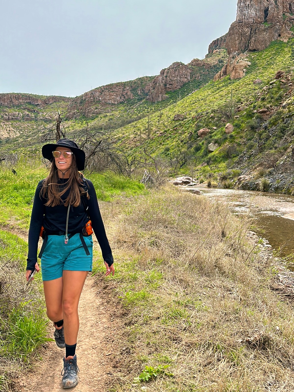 Black Long-Sleeve Shirt and Teal Shorts — Hiking Outfits