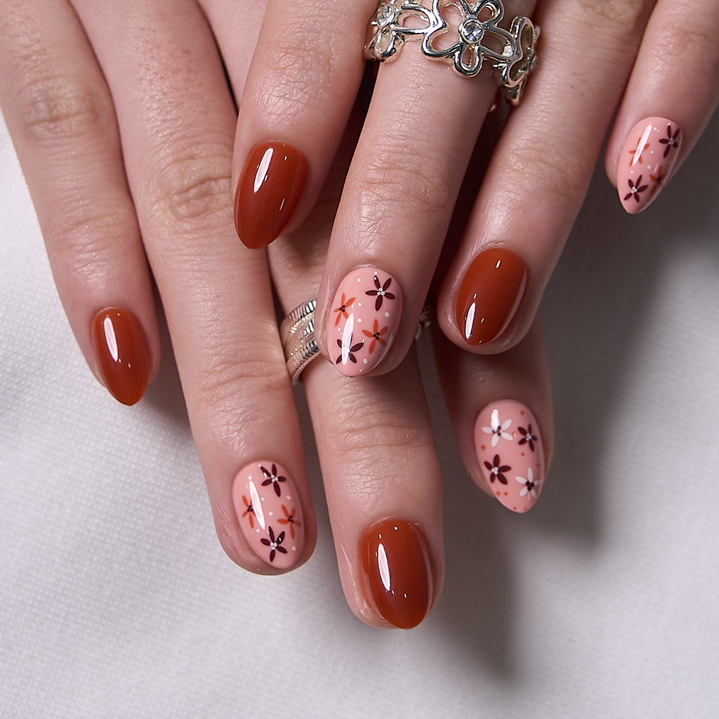 Brown and Pink Floral Accents — Short Oval Nails