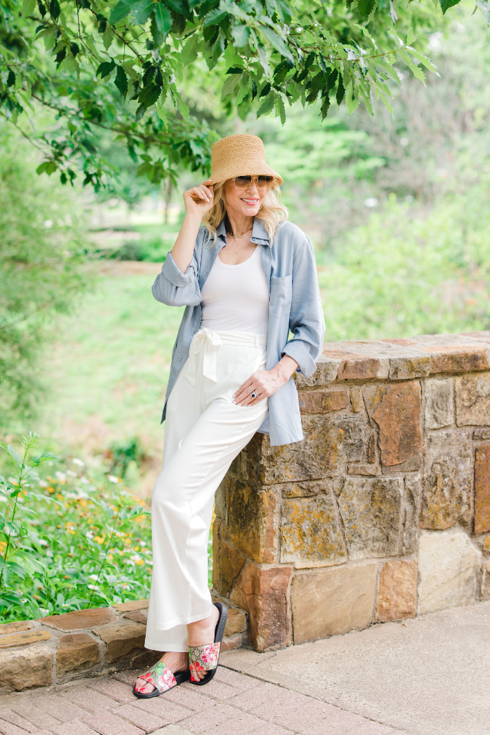 Casual Daytime Light Blue Shirt with White Wide-Leg Pants Casual Daytime Light Blue Shirt with White Wide-Leg Pants — Coastal Grandmother Outfits