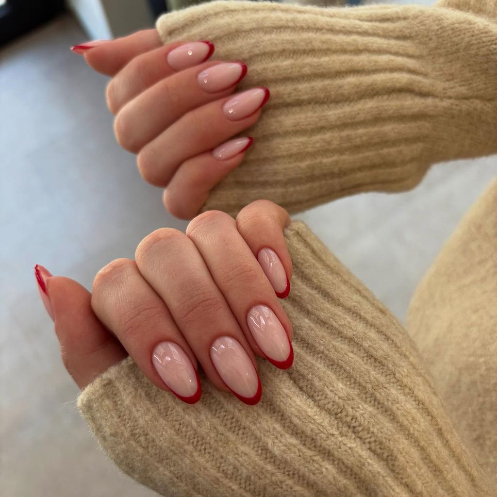 Elegant Deep Red French Ovals — Red French Tip Nails