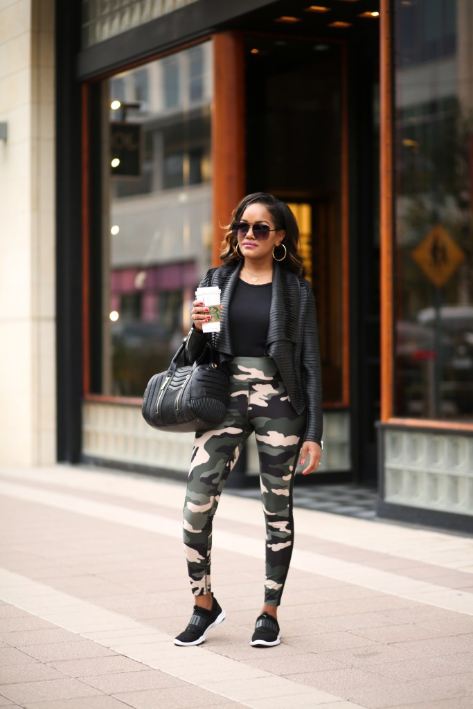 Camouflage Leggings with Leather Jacket Camouflage Leggings with Leather Jacket — Athleisure Outfits