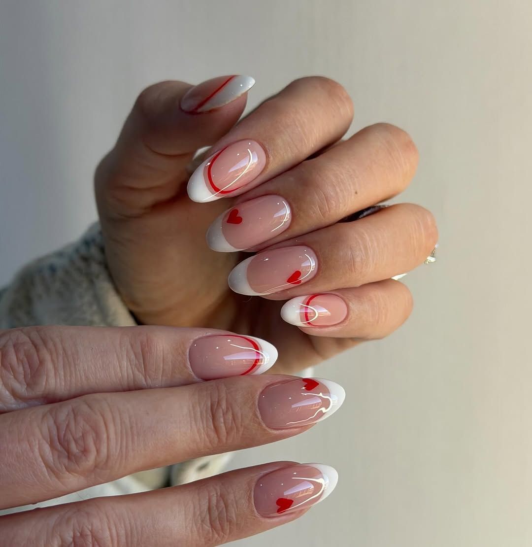 Medium Oval French With Hearts and Line Accents Medium Oval French With Hearts and Line Accents — Heart Nails