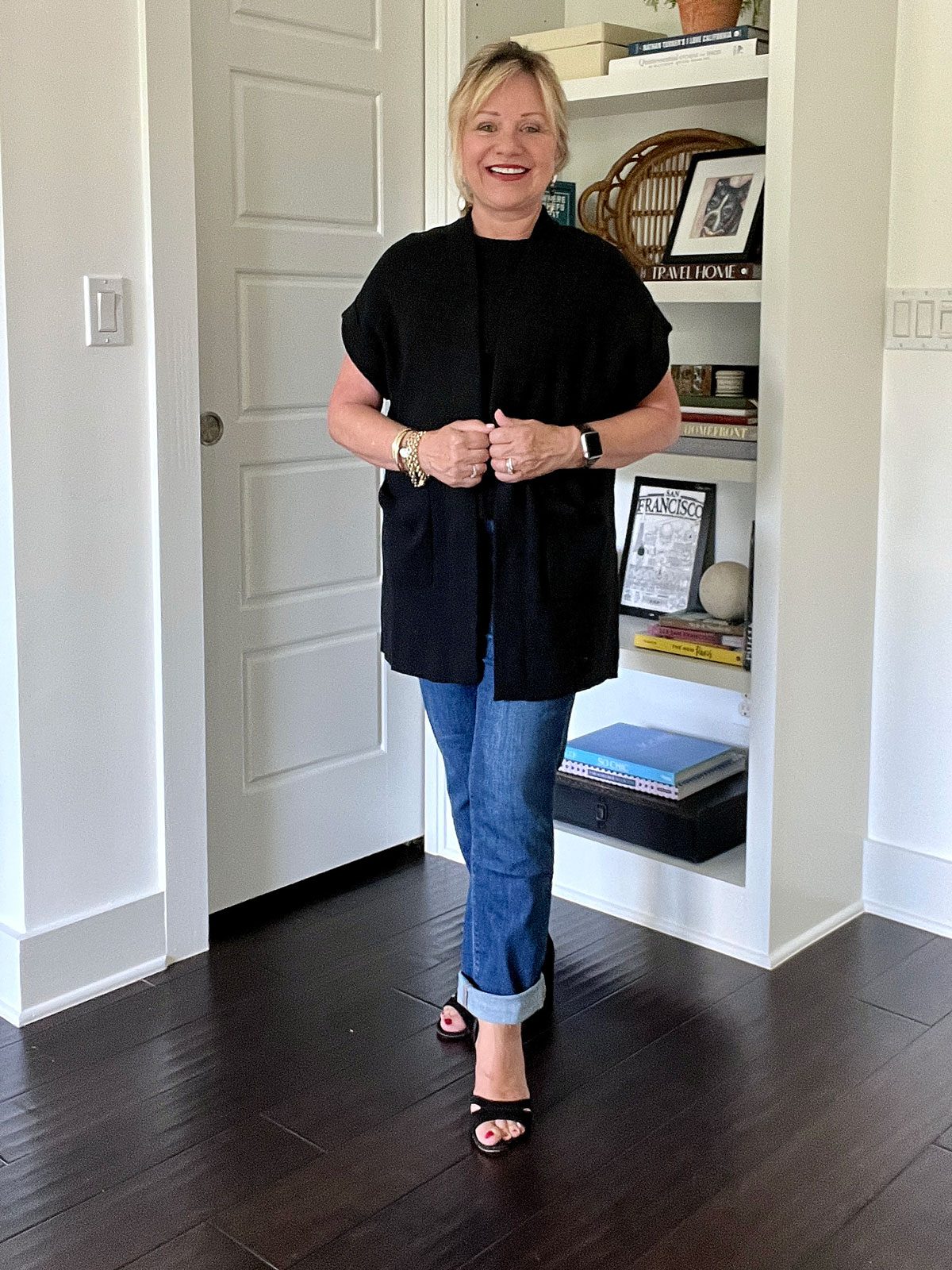 Sleeveless Vest Over Black Top with Cuffed Jeans Sleeveless Vest Over Black Top with Cuffed Jeans — Casual Outfits