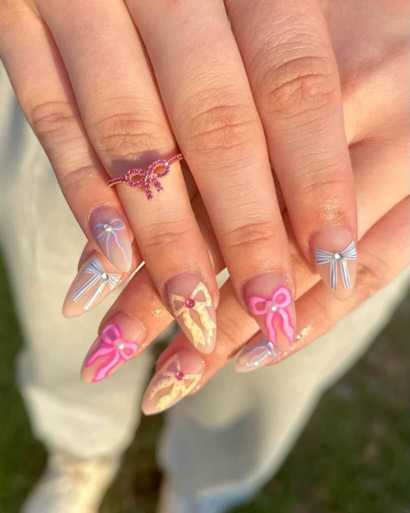 Pastel Bow Decal Almond Nails Pastel Bow Decal Almond Nails — Bow Nails