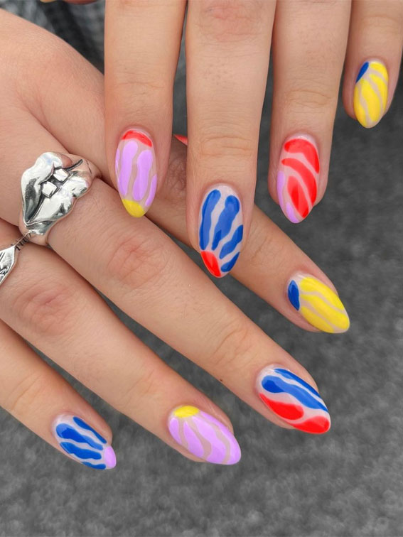 Vibrant Abstract Color Blocking — Mismatched Nails