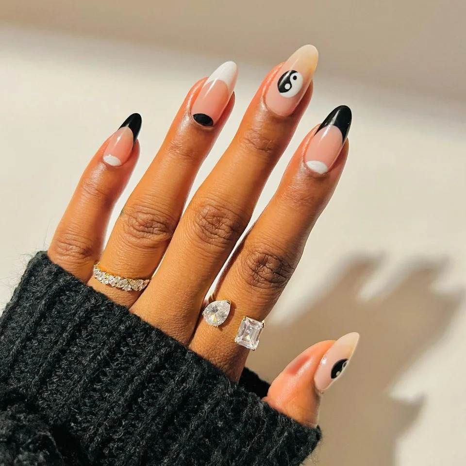 Black French Tips with Yin-Yang Symbol Black French Tips with Yin-Yang Symbol — Black French Tip Nails
