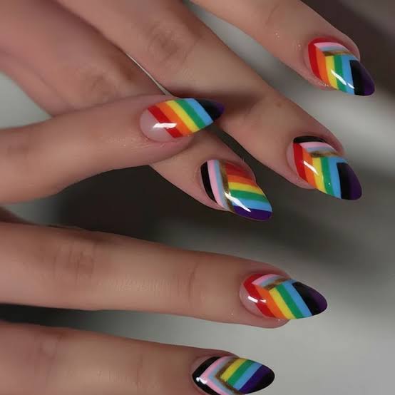 Glossy Bold Rainbow Stripes with Black Accents — Rainbow Nails
