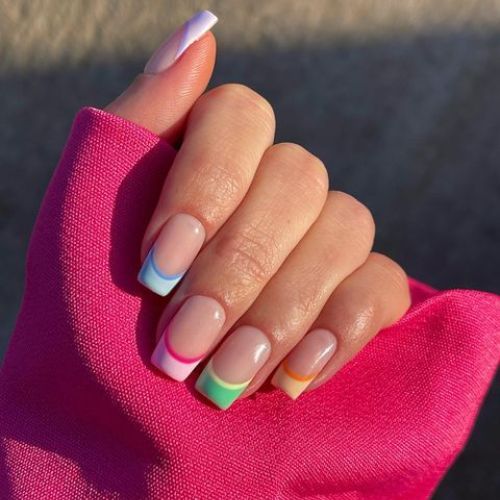 Pastel Line Accent French Tips on Square Nails Pastel Line Accent French Tips on Square Nails — Colored French Tip Nails